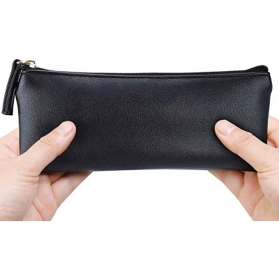 Fmeida Pencil Case Black Pencil Bag PU Leather Pen Case Small Zipper Pouch for Pencils, Pens, Markers, Makeups, Change, Coins
