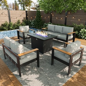 LayinSun 5 Pieces Aluminum Outdoor Patio Furniture Set with Fire Pit Table, Outside Metal Patio Conversation Sets with Deep Seating and Thick Cushions - 1 of 4