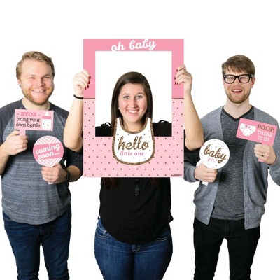 Big Dot of Happiness Hello Little One - Pink and Gold - Girl Baby Shower Selfie Photo Booth Picture Frame & Props - Printed on Sturdy Material