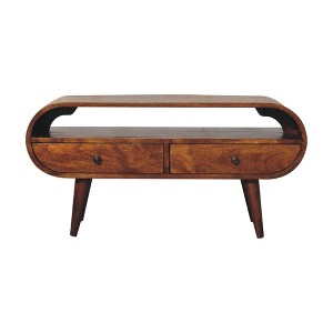 35" Solid Mango Wood California Circular TV Stand with 2 Drawers, Open Slot, and Nordic Legs for Living Room and Bedroom - 1 of 4