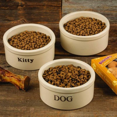 Beige Stoneware Cat Food Crock Bowl Feeder Dish