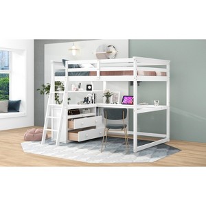 MAYEERTY Full Size Loft Bed with Desk and Shelves,Two Built-in Drawers,White - 1 of 4