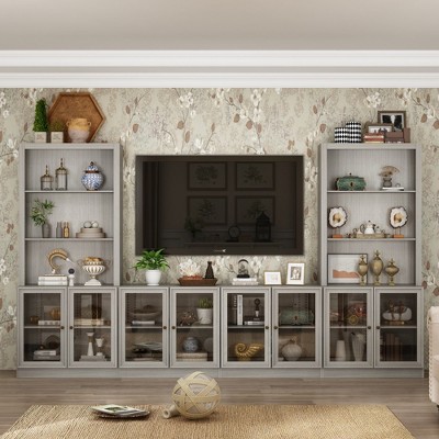 Famapy Gray Modular TV Console Large Entertainment Center Tempered Glass Display Cabinet