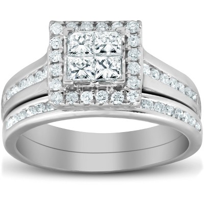 Pompeii3 1 Ct TDW Princess Cut Halo Diamond Engagement Wedding Ring Set 10k White Gold