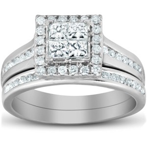 Pompeii3 1 Ct TDW Princess Cut Halo Diamond Engagement Wedding Ring Set 10k White Gold - 1 of 4