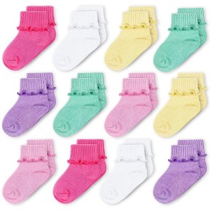Cozyway Baby-Girls Socks 12 Pack Ruffle Ripple Edge Turn Cuff Ankle Socks Toddlers Infants, Colorful, 0-9 Months - 1 of 4