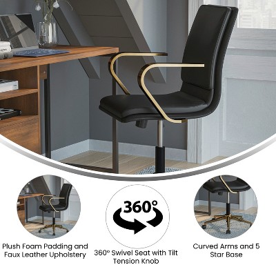 Mid-Back Executive Swivel Office Chair in Brushed Gold and Black Leather