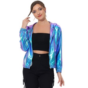 Allegra K Women's Casual Holographic Hooded Long Sleeve Zipper Metallic Jacket - 1 of 4