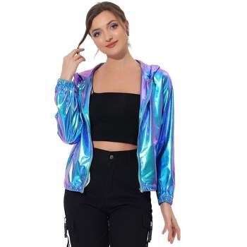 Allegra K Women's Casual Holographic Hooded Long Sleeve Zipper Metallic Jacket