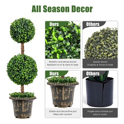 36'' Green Plastic Double Ball Topiary in Cement Pot