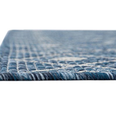 Easy-Care Square Blue Trellis Synthetic Outdoor Rug, 5' x 5'