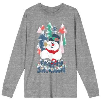 Frosty the Snowman Character with Color Spray Art Women's Heather Gray Long Sleeve Crew Neck Tee