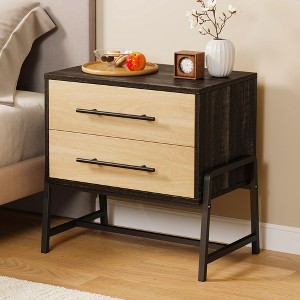 Nightstand with Drawers Light Wood Bedside Table Wide Side Table with Metal Legs Modern Mid Century Bedside Table for Bedroom Living Room, Oak - 1 of 4