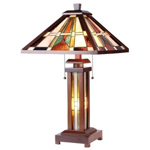 Chloe Lighting Percival Tiffany-Style Mission 3 Light Double Lit Wooden Table Lamp 15" Shade - 1 of 3