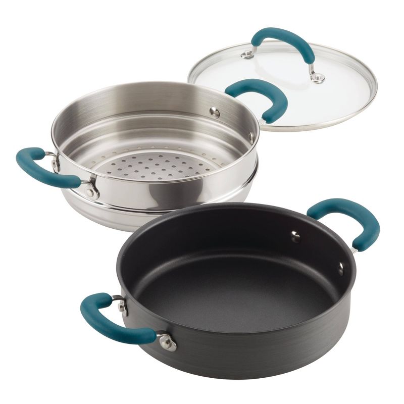 Rachael Ray Create Delicious 3qt Hard Anodized Nonstick Saute Pan with Steamer Teal Handles, 4 of 8