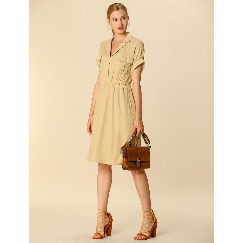 Allegra K Women's Notched Lapel Elastic Waist Pocket A-Line Safari Shirt Dresses, 4 of 7