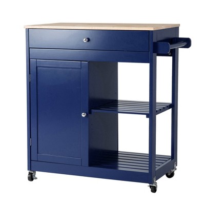 Wooden Basic Kitchen Island With 1 Drawer 1 Door And 2 Tiers Navy Blue ...