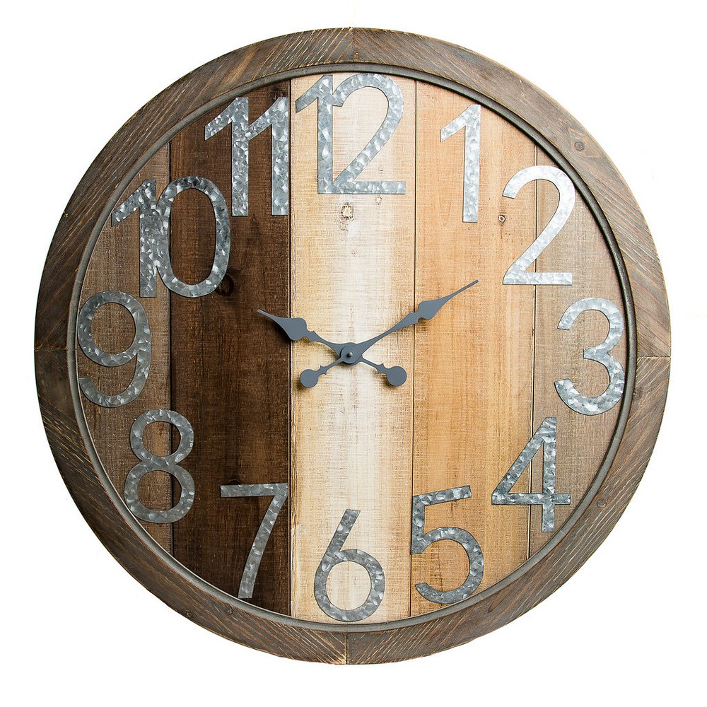 36 Rustic Wood Shiplap and Metal Framed Wall Clock Natural - Patton Wall Decor
