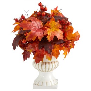 Nearly Natural 20-in Autumn Maple Leaf and Berries Artificial Plant in White Urn - 1 of 3