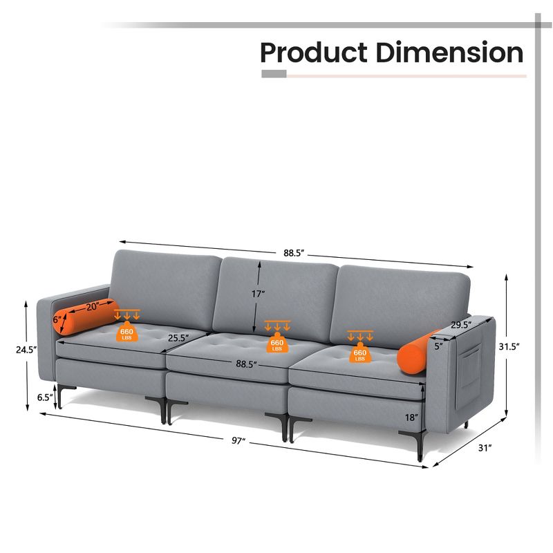Costway Modern Modular 3-Seat Sofa Couch w/ Side Storage Pocket & Metal Leg Ash Grey, 4 of 11