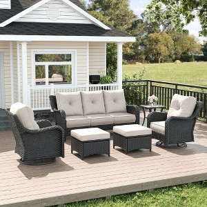 LayinSun Wicker Outdoor Furniture Set with 6-inch Comfy Cushions, High Back Patio Furniture Set with Swivel Rocking Chairs and Side Table - 1 of 4