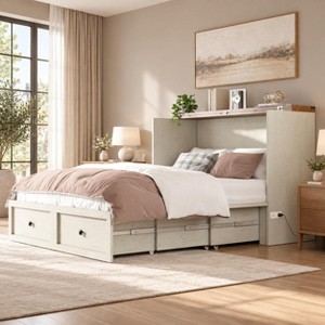 AMERLIFE Queen Murphy Cabinet Bed with Storage Drawer, Charging Station ...