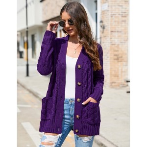 Women's Open Front Cardigan Sweater with Pockets Long Sleeve Cable Knit Button Loose Cardigan Sweater - 1 of 4