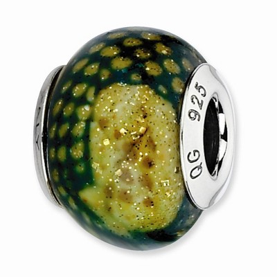 Black Bow Jewelry Green Python Glitter Overlay Glass & Sterling Silver Bead Charm, 15mm