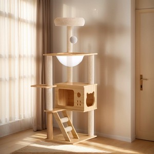 FURNIinspire Pet Tower Modern Cat Tower Cat Tree Indoor Kitty Playhouse, Cat Condo Hammock, Scratching Posts, Pet Furniture, Brown, 15.5"*18.7"*48.4" - 1 of 4