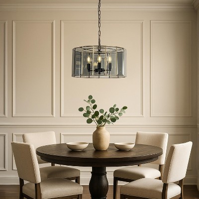 ALOADECOR 5-Light 20'' Modern Smoked Glass Drum Brass Chandelier Dimmable and Ajustable For Dining Room Living Room