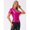 INSPIRE CHIC Women's Summer V Neck Ruffle Short Sleeve Shiny Metallic Wrap Blouse - 4 of 4