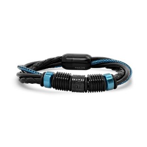 Steeltime Men's black braided leather and black/blue ip stainless steel beads bracelet with greek key accents - 1 of 4