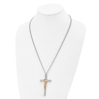 Chisel Stainless Steel Polished Yellow IP-plated Crucifix Pendant on a 24" Curb Chain Necklace
