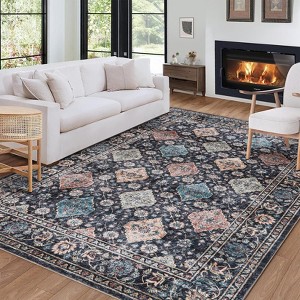 Washable Area Rug Vintage Floral - Foldable Thin Soft Low-Pile Carpet, Non-Slip TPE Backing Floor Cover for Living Room Bedroom (Machine Washable) - 1 of 4