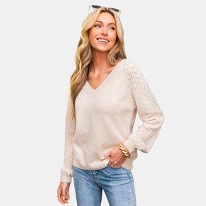 Women's Cozy Chic V-Neck Knit Sweater with Lace Detailing - Cupshe - 1 of 4