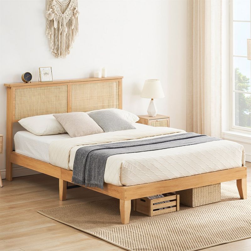 Bed Frame with Rattan Headboard, Platform Bed Frame with LED Lights and Wood Headboard, Strong Wooden Slat, Mattress Foundation, Noise Free, No Box Spring Needed, 3 of 7