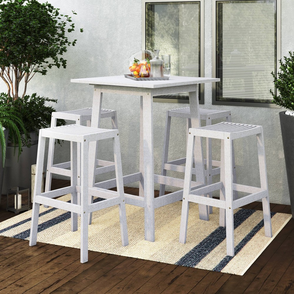 Photos - Chair CorLiving 5pc Outdoor Patio Pub Set - Whitewash - : Hardwood Barstools, Squ 