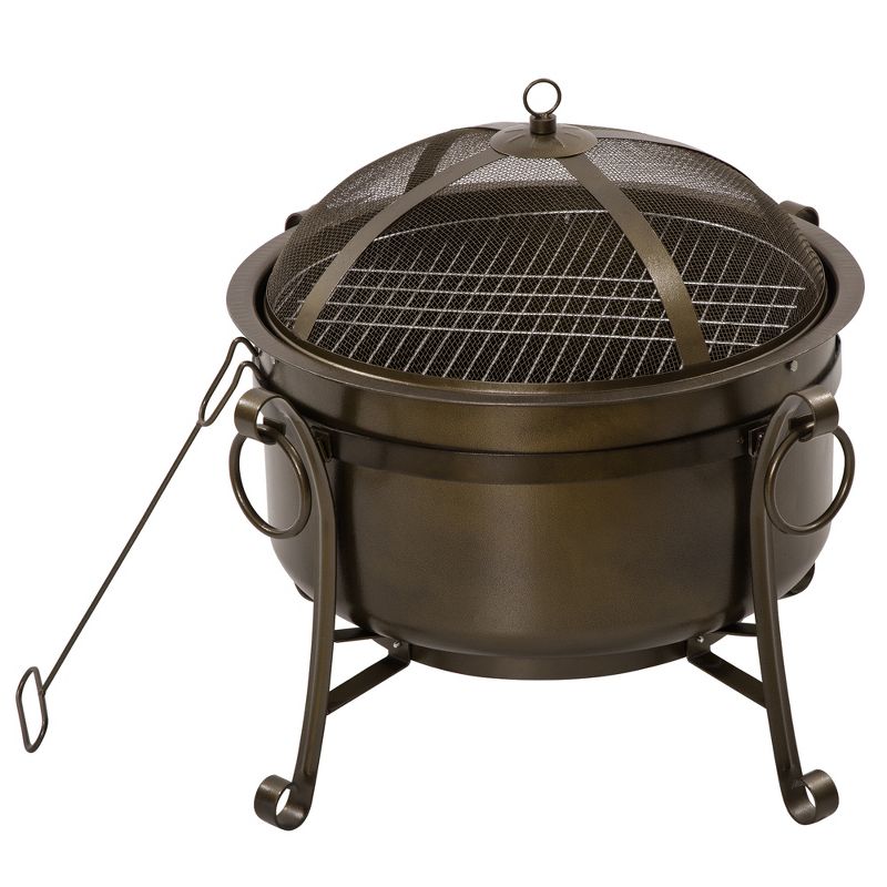 Outsunny 30" Outdoor Fire Pit Grill, Portable Steel Wood Burning Bowl, Cooking Grate, Poker, Spark Screen Lid for Patio, Camping, Bronze Colored, 4 of 7