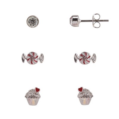 FAO Schwarz Silver Tone Cupcake and Peppermint Trio Earring Set