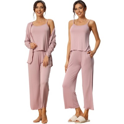 cheibear Womens Modal Knit Soft Long Sleeve Cardigan Cami and Pants Pajama Set 3 Pcs