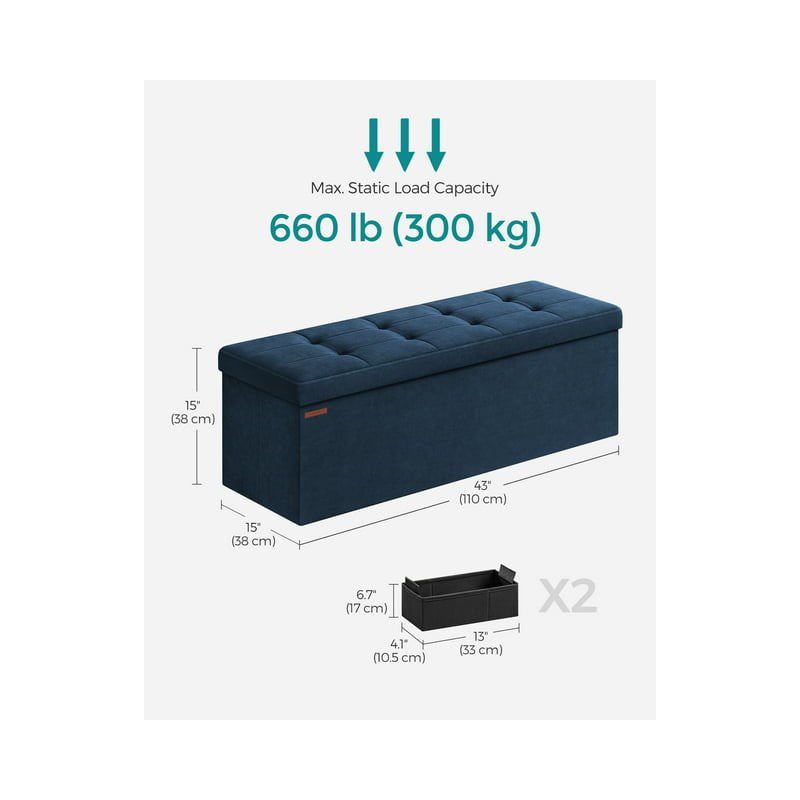 SONGMICS Storage Ottoman Bench Folding Velvet Storage Footrest Stool 2 Extra Storage Boxes Removable Divider Hold up to 660 lb for Entryway Living Room Bedroom, 3 of 7