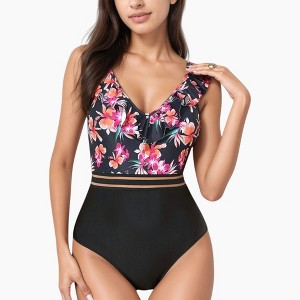 Anna-Kaci Swim Women's Ruffle One-Piece Swimsuit with Floral Print Bodice and Striped Waistband Detail - 1 of 4
