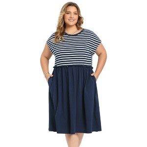 Women's Plus Size Striped Patchwork Gathered-Waist Crew Neck Raglan Sleeve with Pockets Midi Casual A-Line Dresses - GRACE & GRANDEUR - 1 of 4