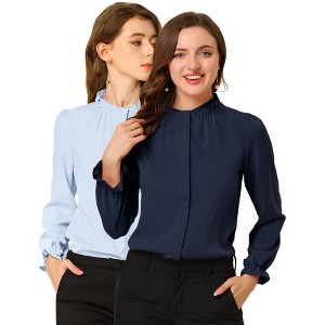 INSPIRE CHIC Women's Button Down Ruffle Collar Long Sleeve Chiffon Shirt 2 Packs - 1 of 4