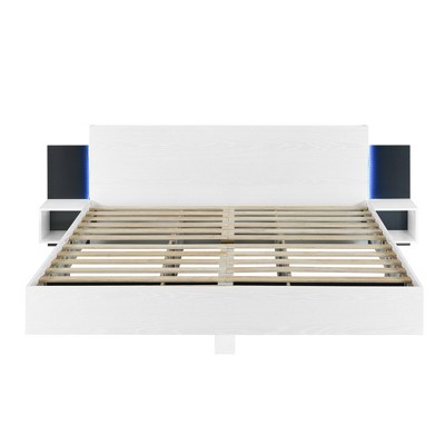 Bellemave King Size Wood Platform Bed Frame with Headboard, Storage, LED Lights & 2 Nightstands, 12 Slats, White, 660lbs Load