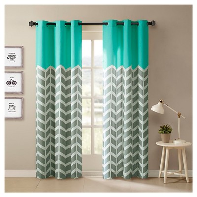 Aqua and Gray Chevron Room-Darkening Grommet Curtain Panel Pair