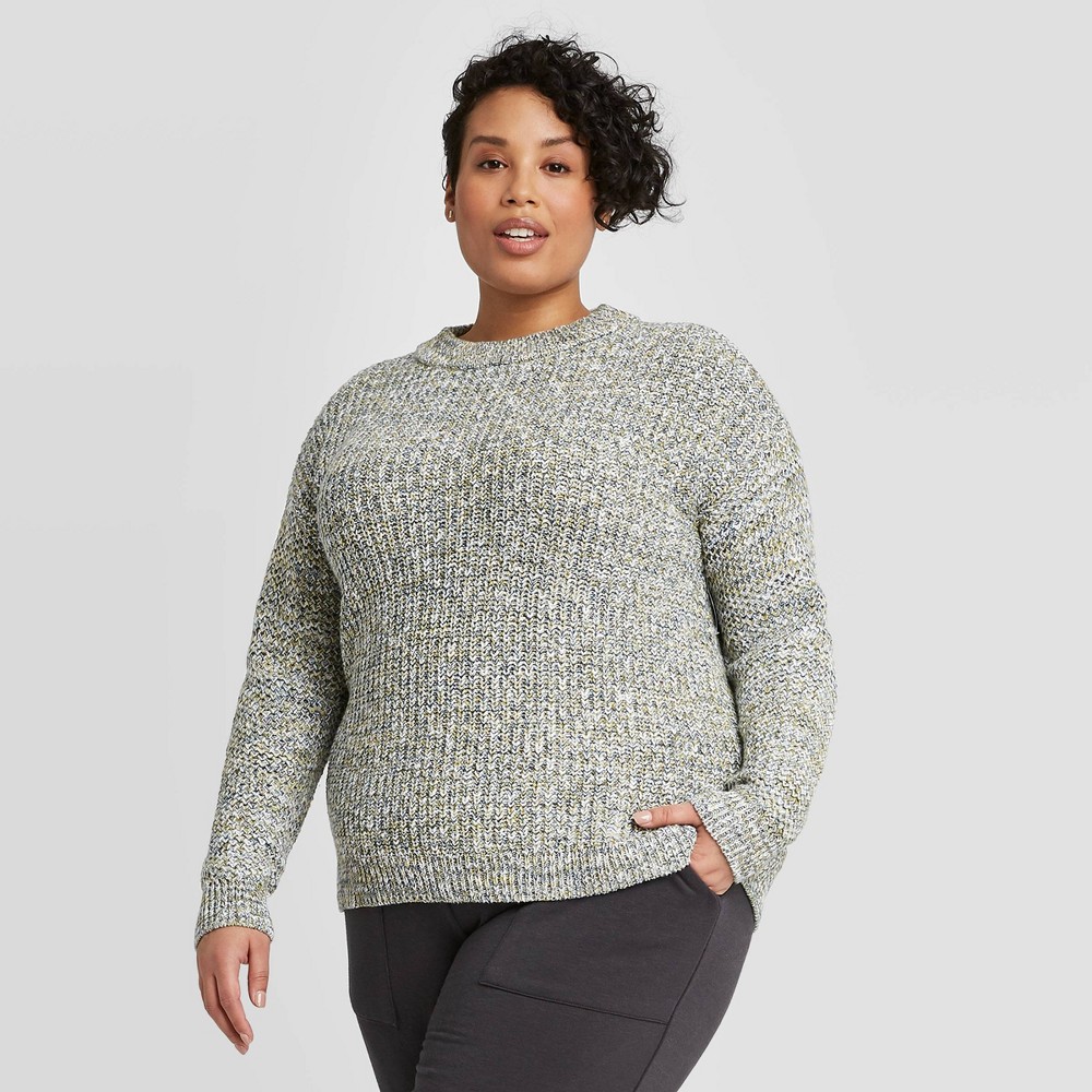 Women's Plus Size Crewneck Multi Texture Pullover Sweater- Ava &Viv Green 1X was $29.99 now $20.99 (30.0% off)