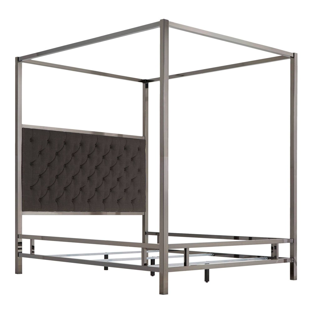 Queen Manhattan Black Nickel Canopy Bed with Diamond Tufted Headboard Charcoal (Grey) - Inspire Q