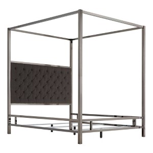 Full Manhattan Black Nickel Canopy Bed with Diamond Tufted Headboard Charcoal - Inspire Q, Grey