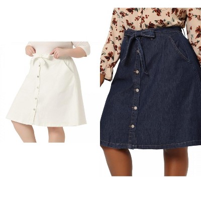 Agnes Orinda Women's Plus Size Tie Waist Button Front Pockets A-Line Midi Denim Skirts
